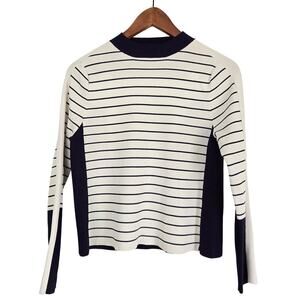 French Girl Chic Striped Mock Neck Knit Colorblock Sweater Purple Ribbed Top 2